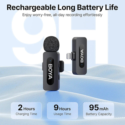 Two BOYA wireless microphones, one black and one silver, with a graphic indicating battery life and charging time.