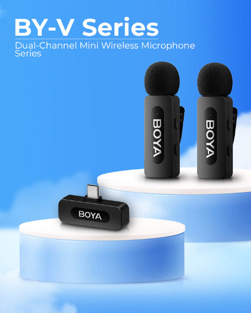 BOYA BY-V Series dual-channel mini wireless microphone set on a blue background