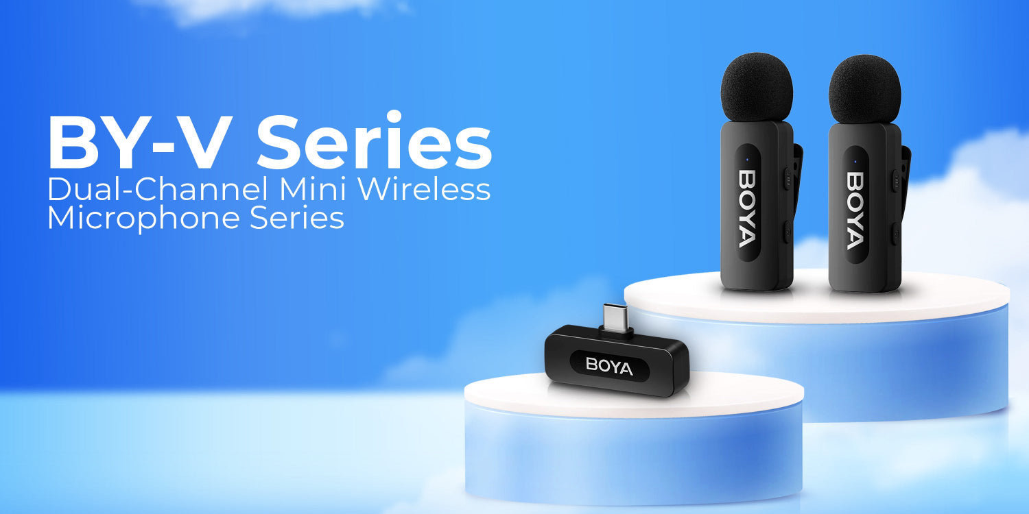 BOYA BY-V Series dual-channel mini wireless microphone set on a blue background